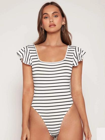 Striped Butterfly Sleeve Tie Back Bodysuit-Comfy Jumpsuits
