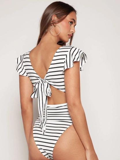 Striped Butterfly Sleeve Tie Back Bodysuit-Comfy Jumpsuits