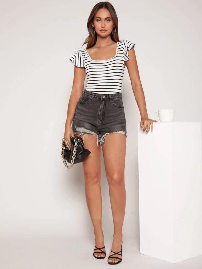 Striped Butterfly Sleeve Tie Back Bodysuit-Comfy Jumpsuits