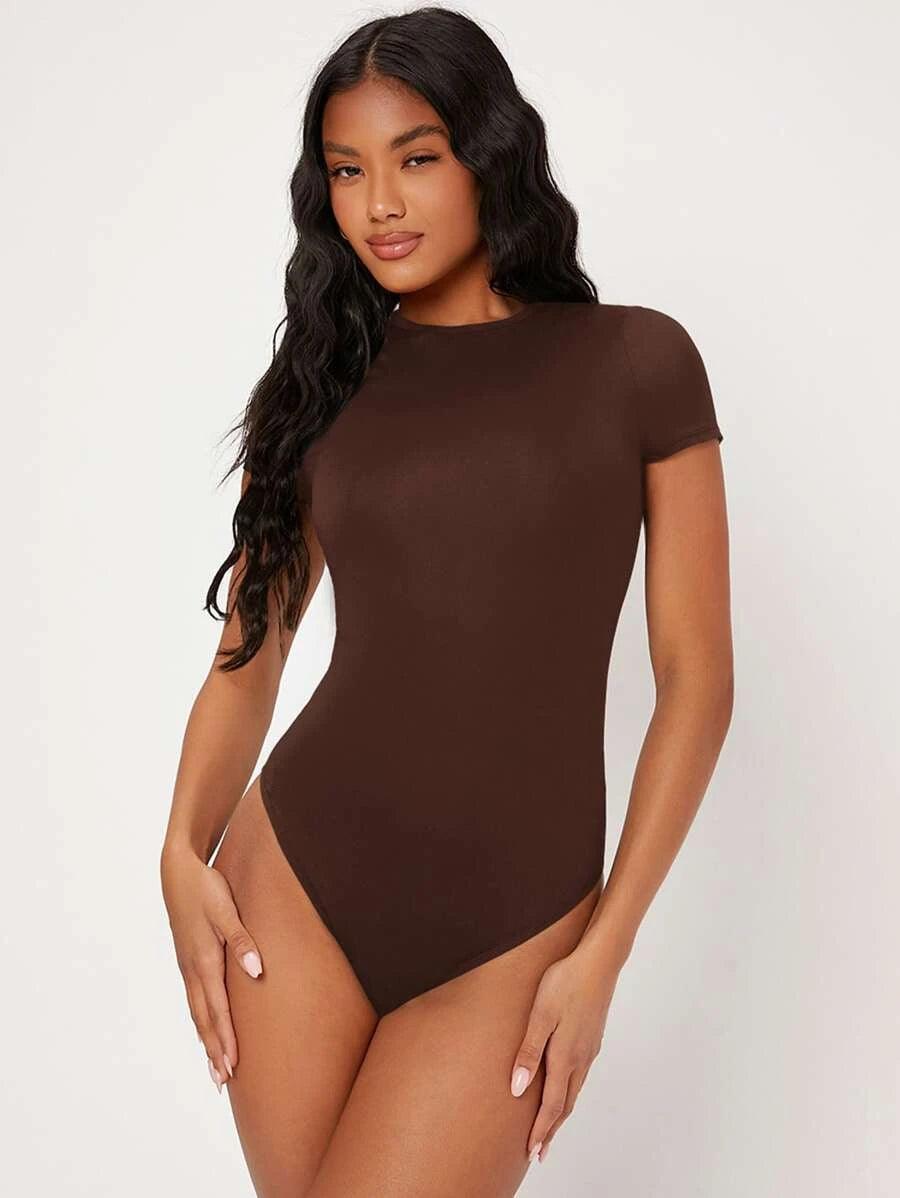 Solid Slim Cut Round Neck Bodysuit-Comfy Jumpsuits
