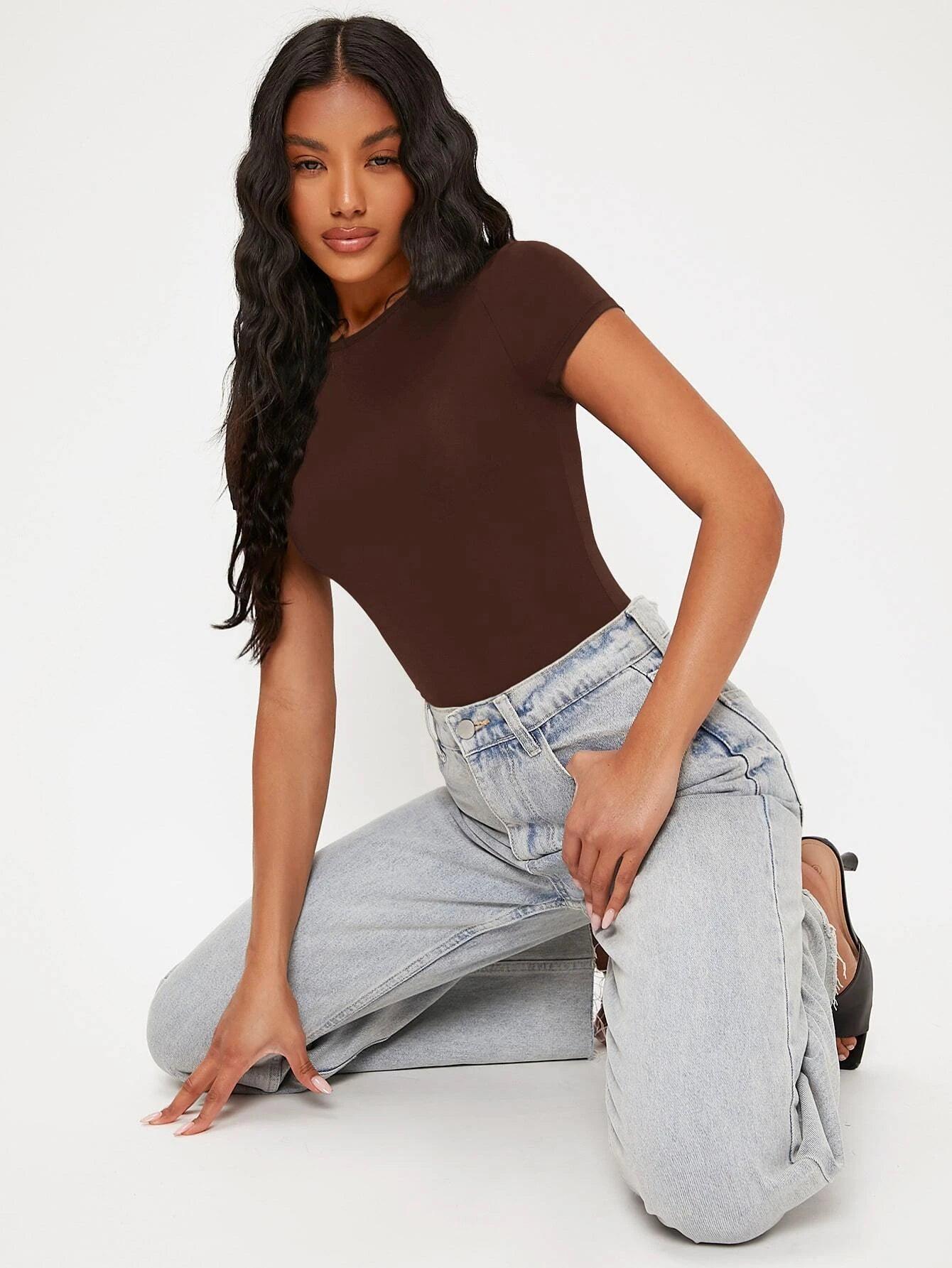 Solid Slim Cut Round Neck Bodysuit-Comfy Jumpsuits