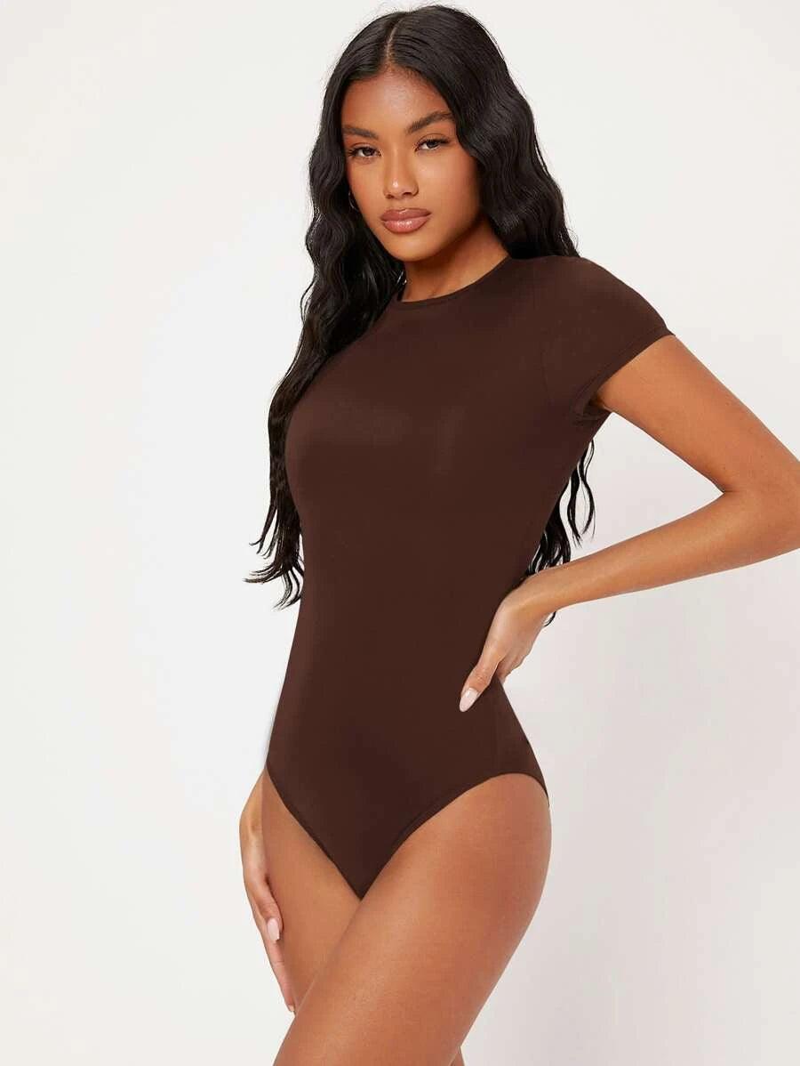 Solid Slim Cut Round Neck Bodysuit-Comfy Jumpsuits