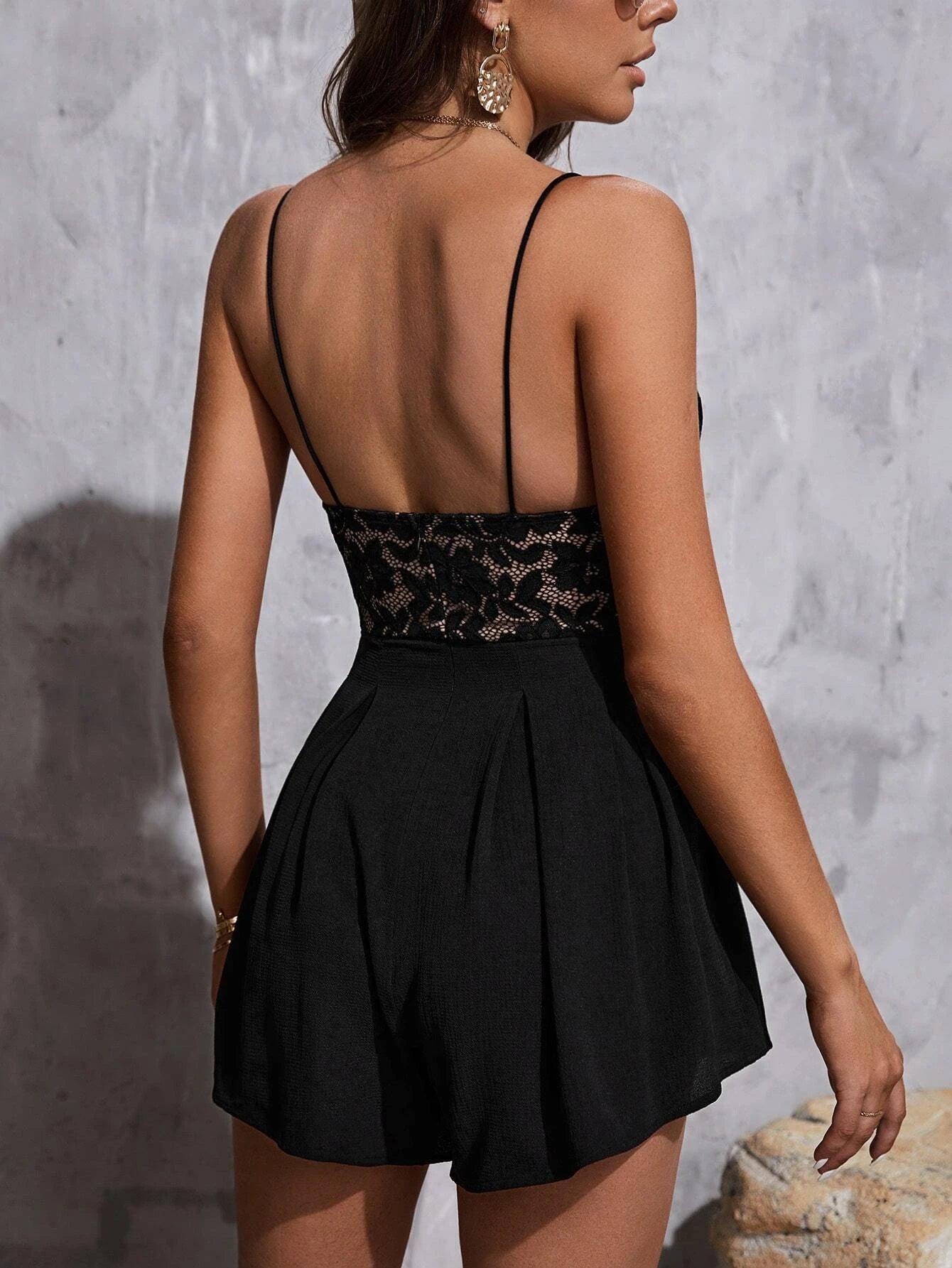 Contrast Lace Cut Out Front Cami Romper-Comfy Jumpsuits
