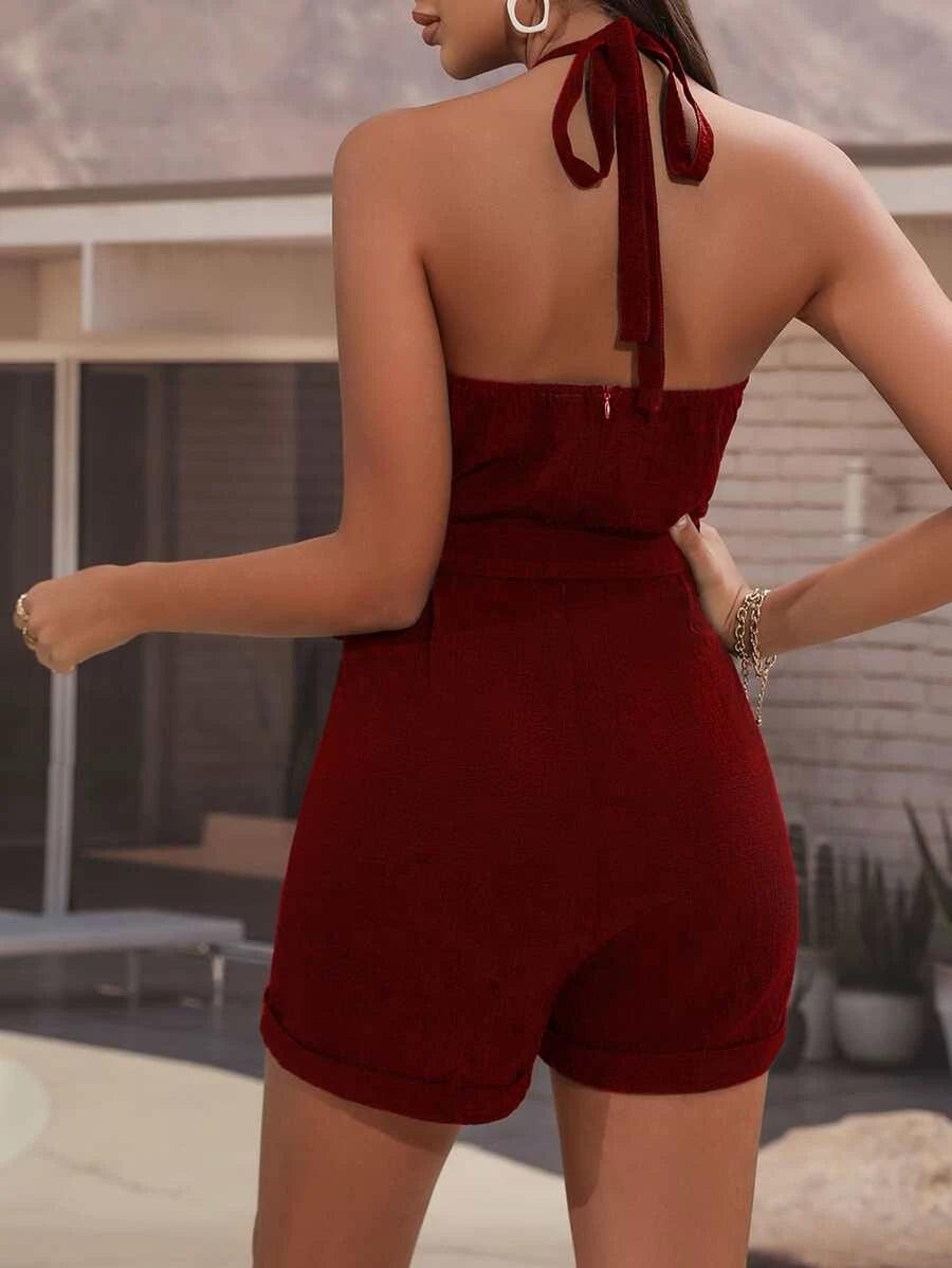 Solid Colored Belted Halter Romper-Comfy Jumpsuits