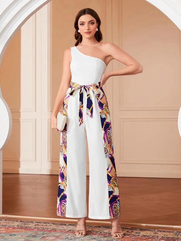 Tie Front Print One Shoulder Jumpsuit-Comfy Jumpsuits