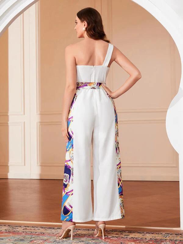 Tie Front Print One Shoulder Jumpsuit-Comfy Jumpsuits