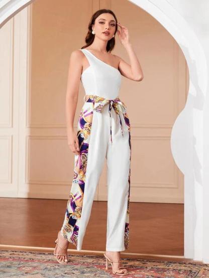 Tie Front Print One Shoulder Jumpsuit-Comfy Jumpsuits