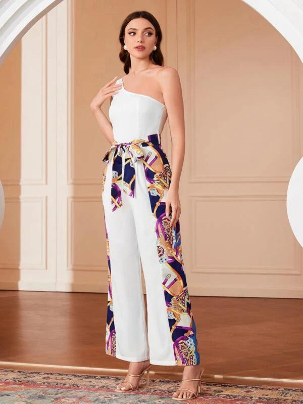 Tie Front Print One Shoulder Jumpsuit-Comfy Jumpsuits