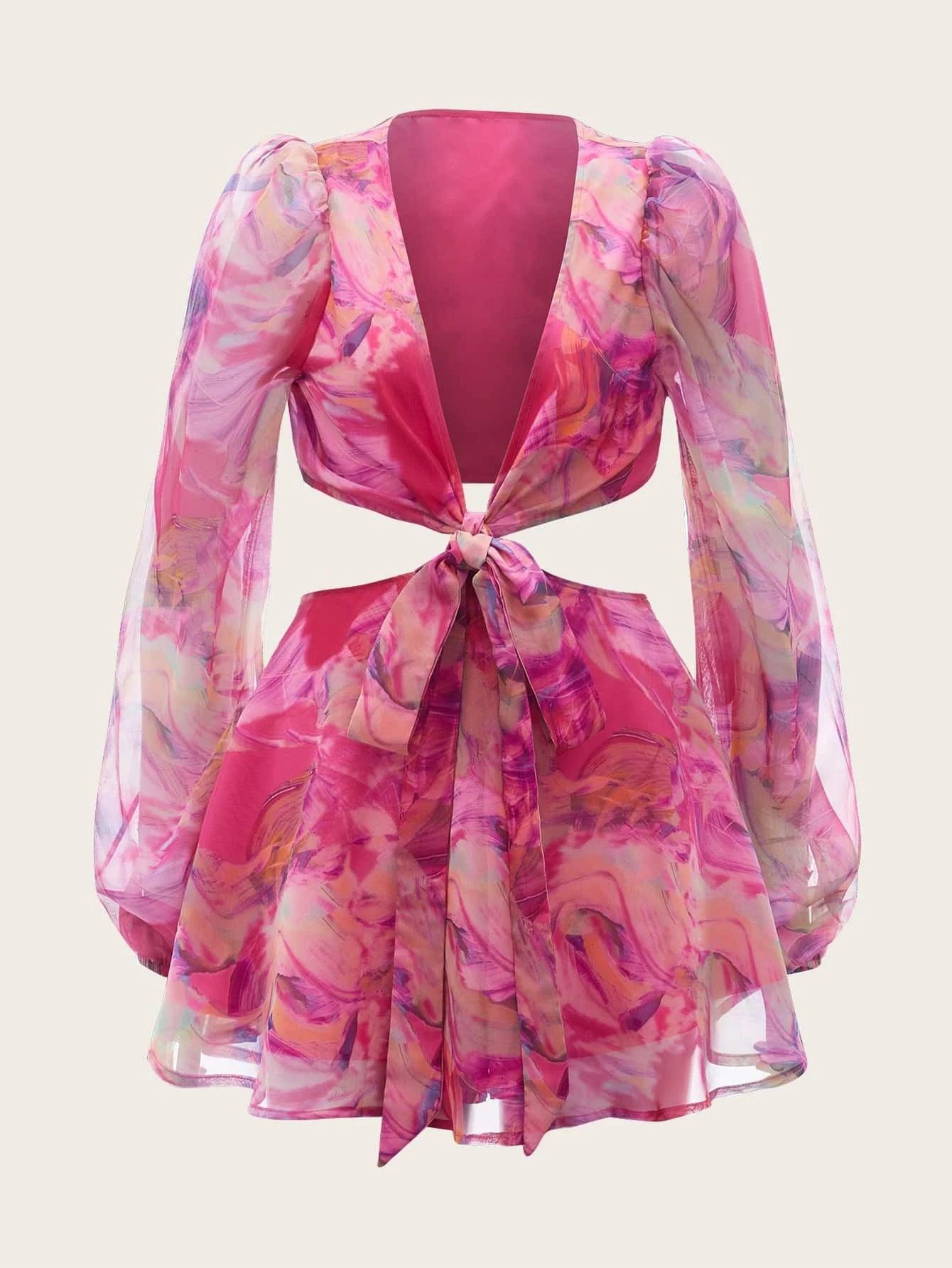 Sleeve Knot Waist Chiffon Romper-Comfy Jumpsuits