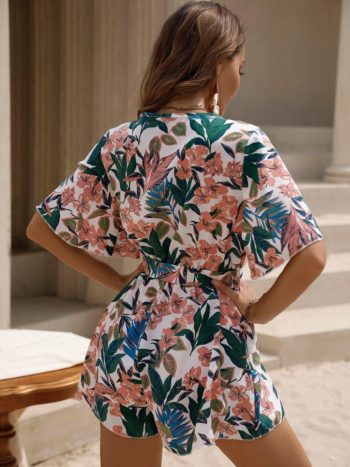 Floral Print Wrap Belted Jumpsuit-Comfy Jumpsuits