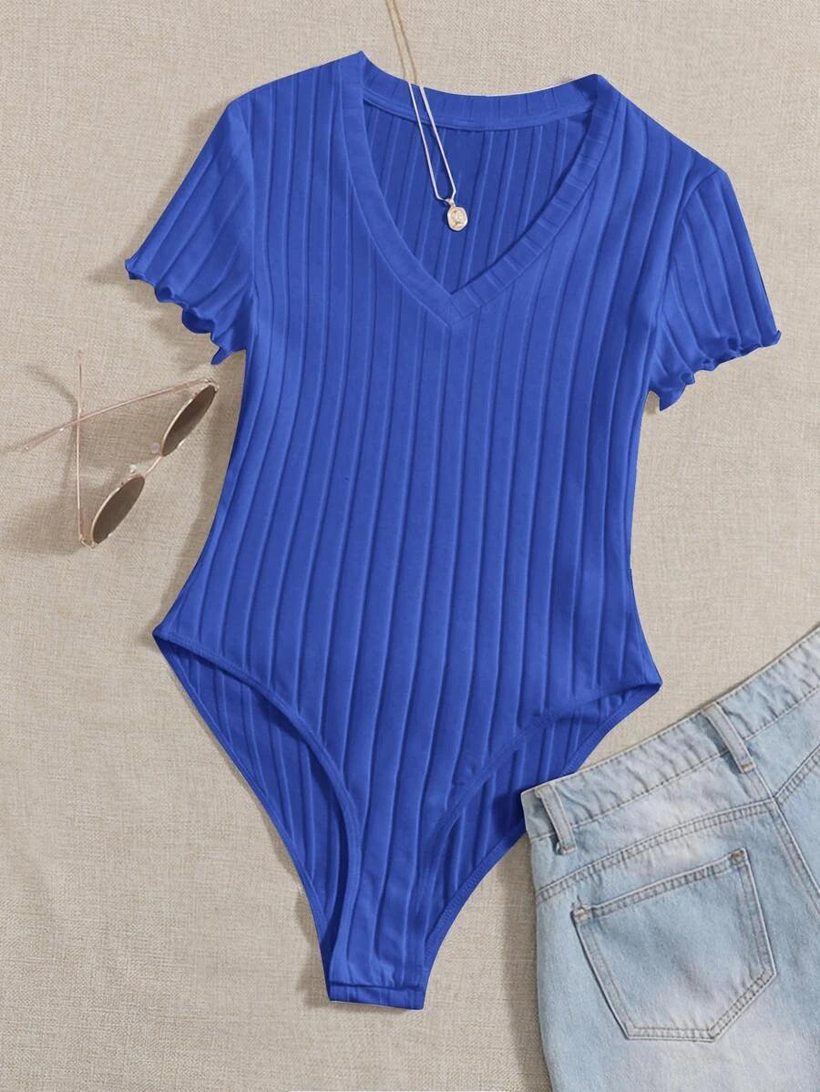 Lettuce Trim Rib Knit Bodysuit-Comfy Jumpsuits