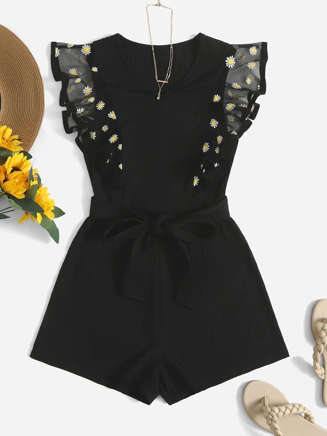 Print Mesh Panel Butterfly Sleeve Belted Romper-Comfy Jumpsuits