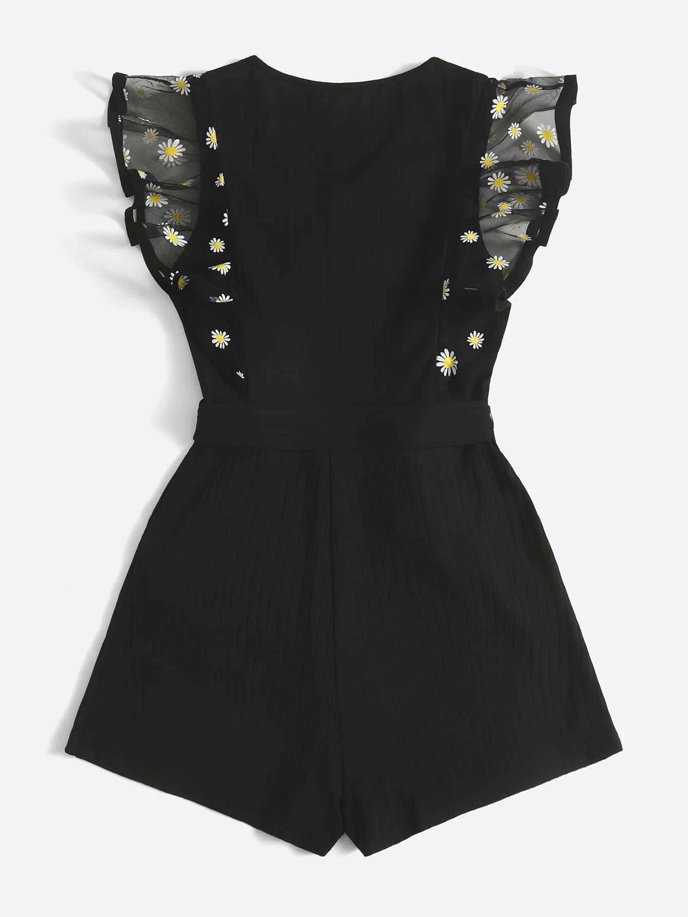 Print Mesh Panel Butterfly Sleeve Belted Romper-Comfy Jumpsuits