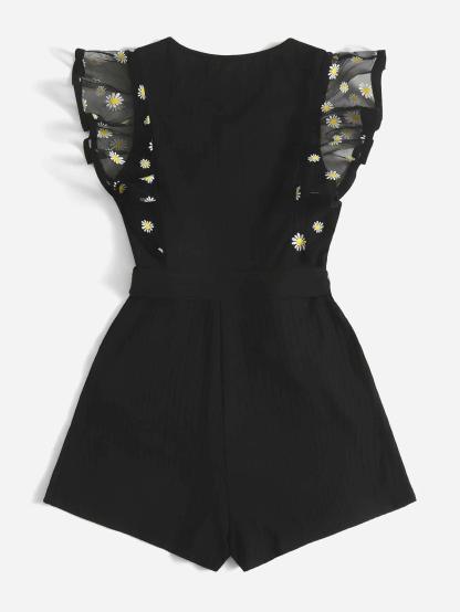 Print Mesh Panel Butterfly Sleeve Belted Romper-Comfy Jumpsuits