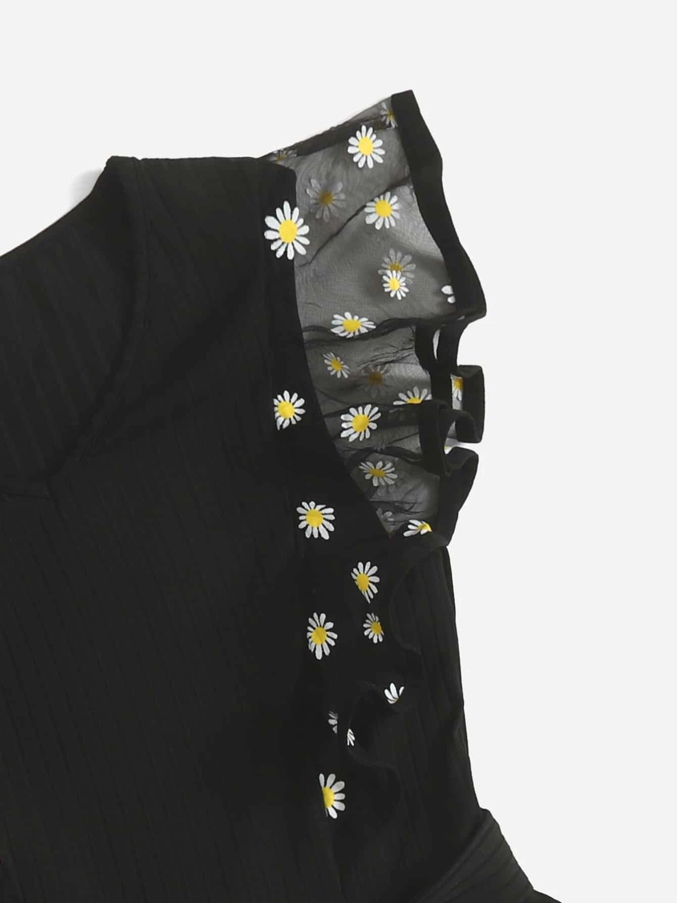 Print Mesh Panel Butterfly Sleeve Belted Romper-Comfy Jumpsuits