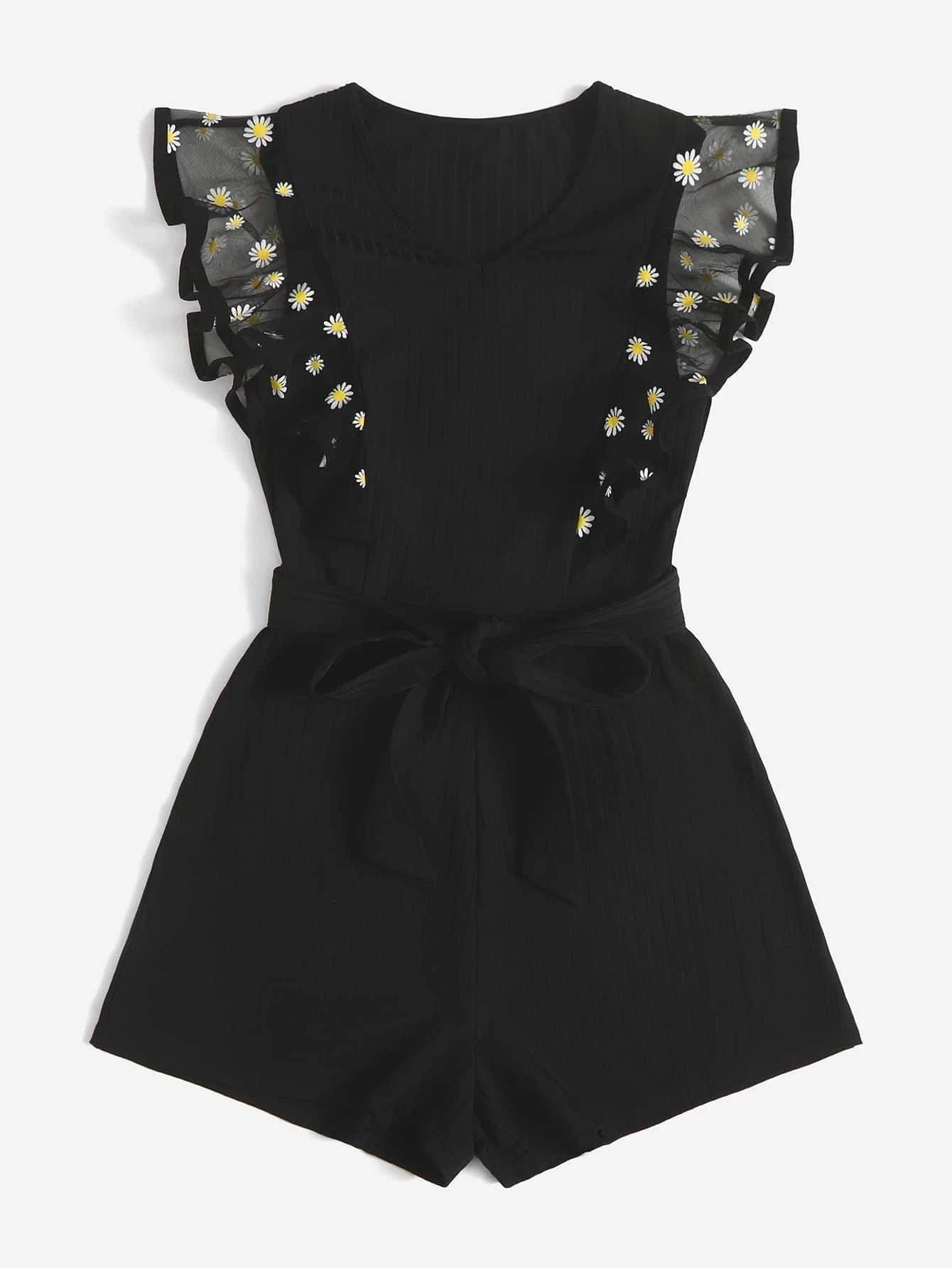 Print Mesh Panel Butterfly Sleeve Belted Romper-Comfy Jumpsuits