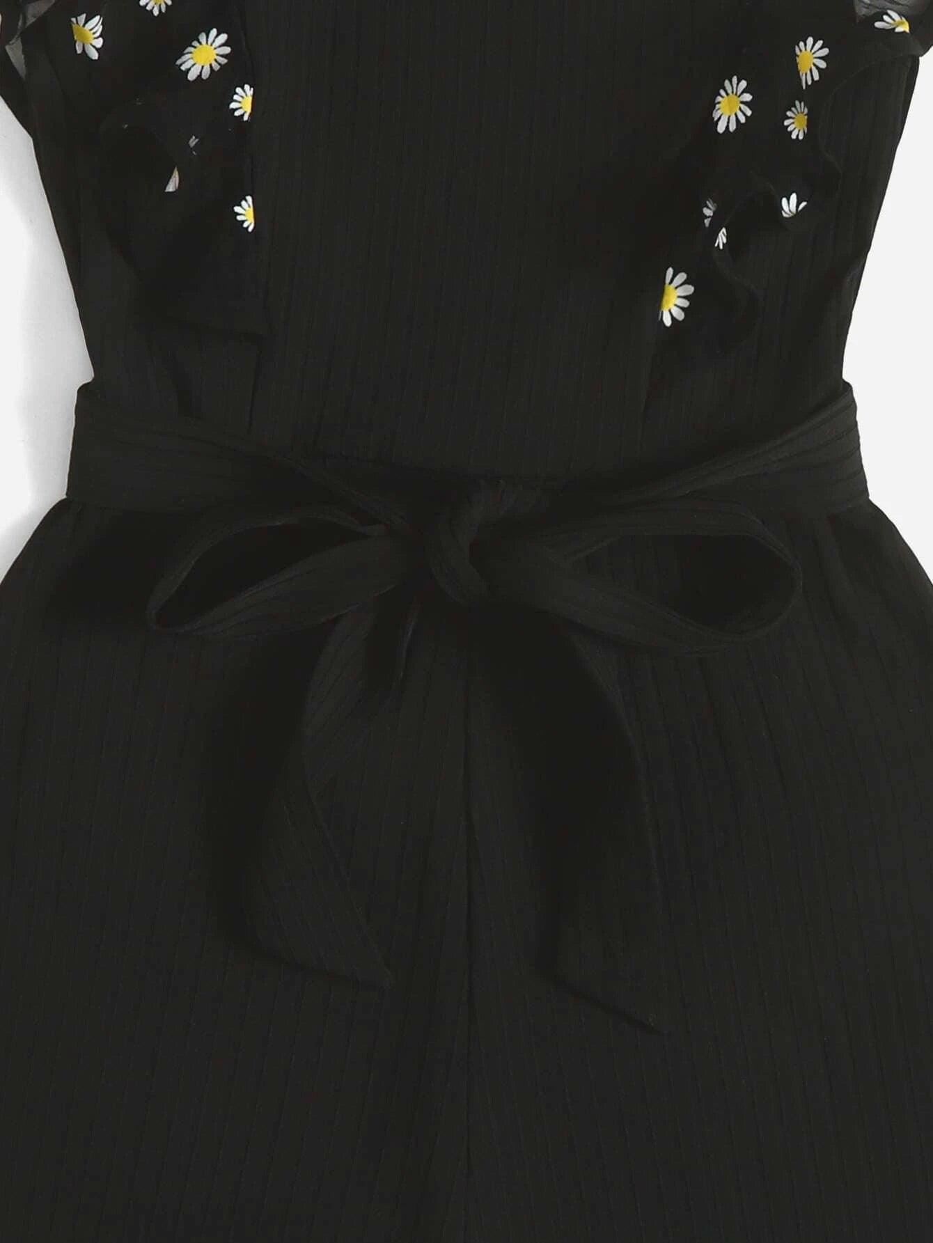 Print Mesh Panel Butterfly Sleeve Belted Romper-Comfy Jumpsuits