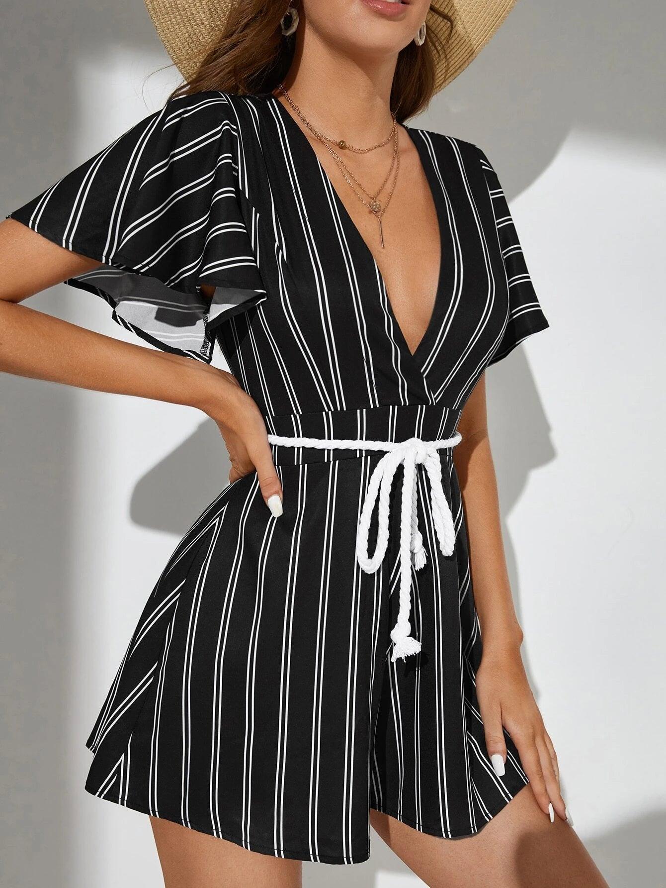 Tall Striped Print Deep V Neck Belt Romper-Comfy Jumpsuits