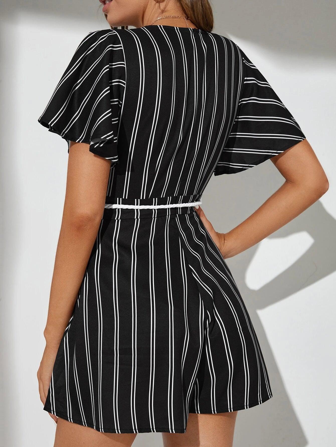 Tall Striped Print Deep V Neck Belt Romper-Comfy Jumpsuits
