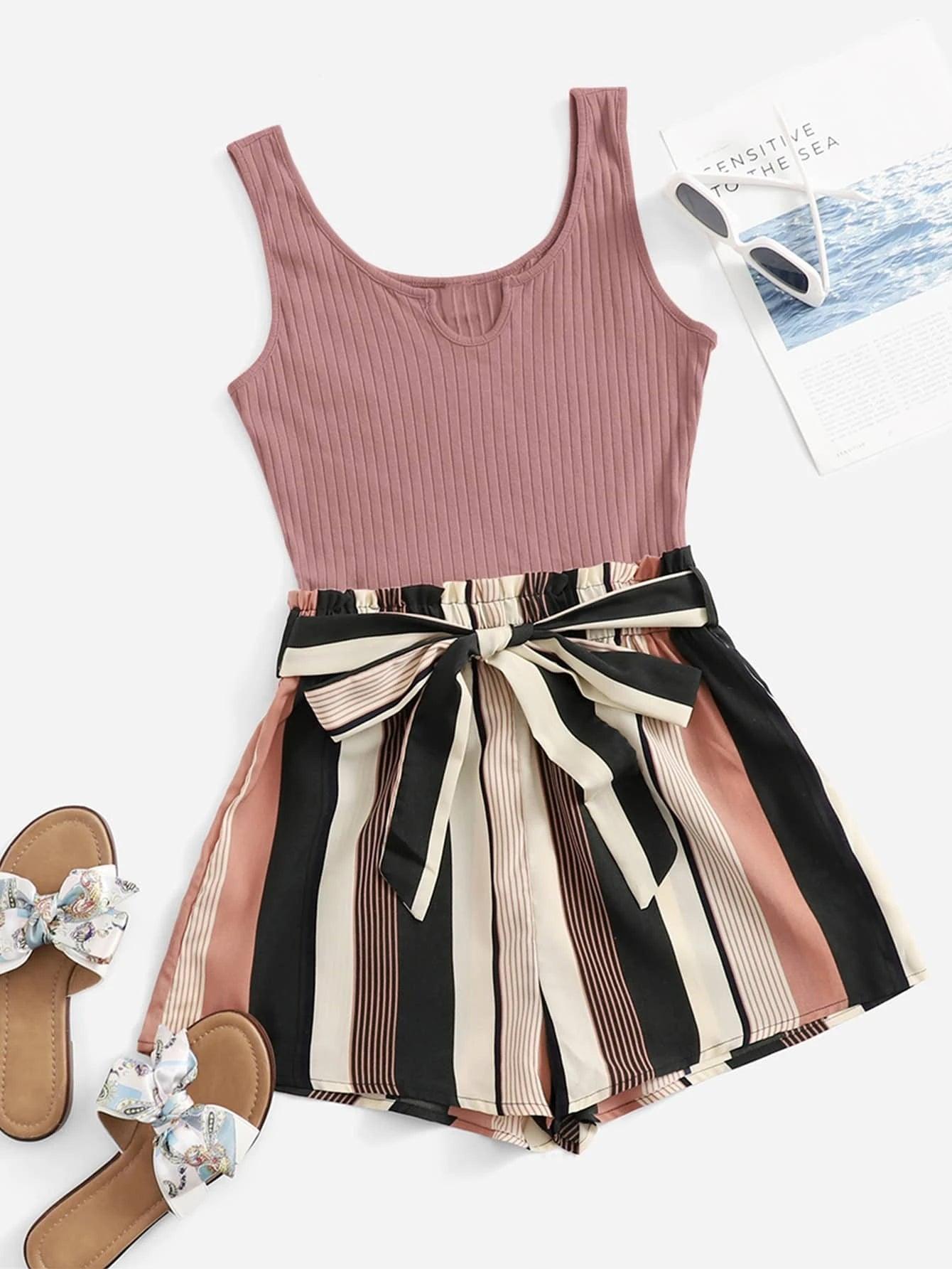 Vertical Striped Notched Neck Romper-Comfy Jumpsuits