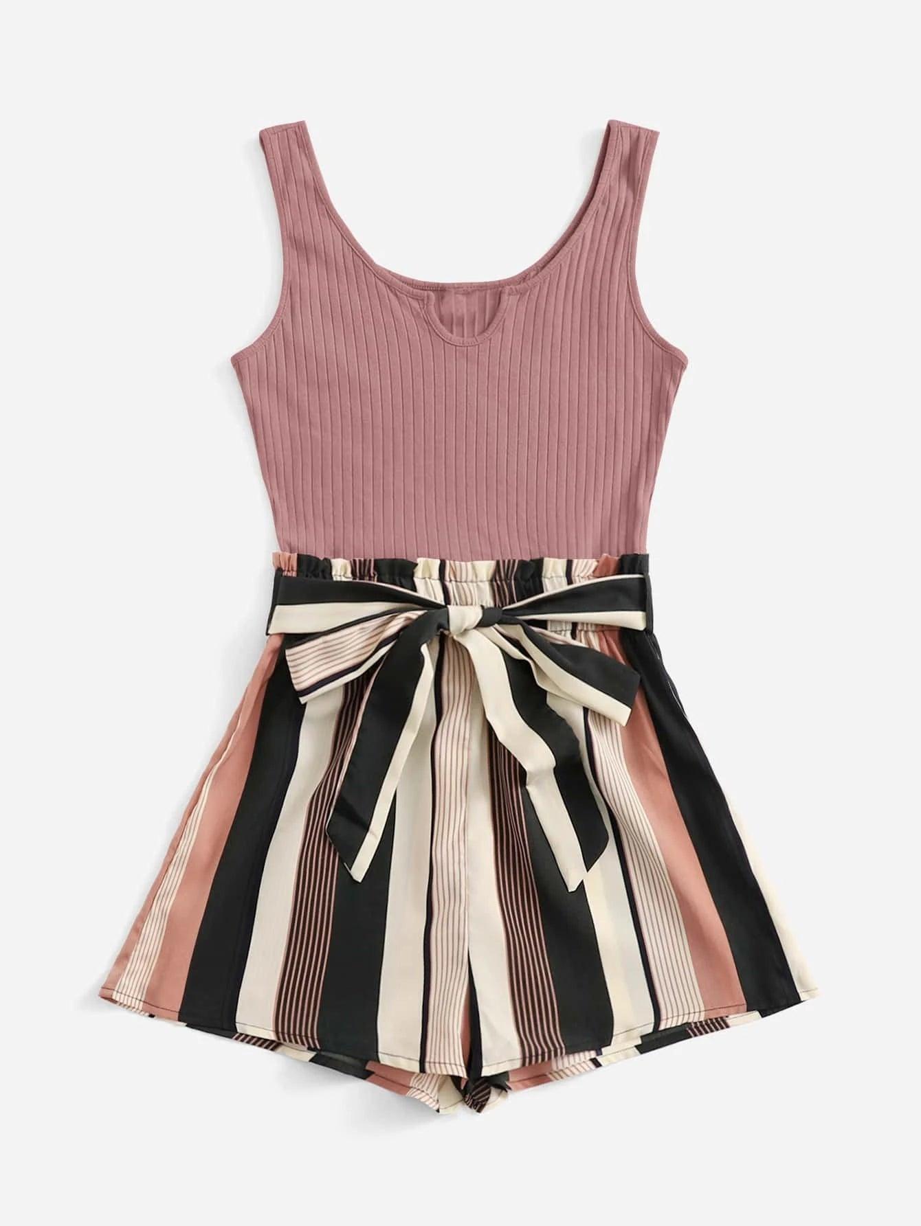 Vertical Striped Notched Neck Romper-Comfy Jumpsuits