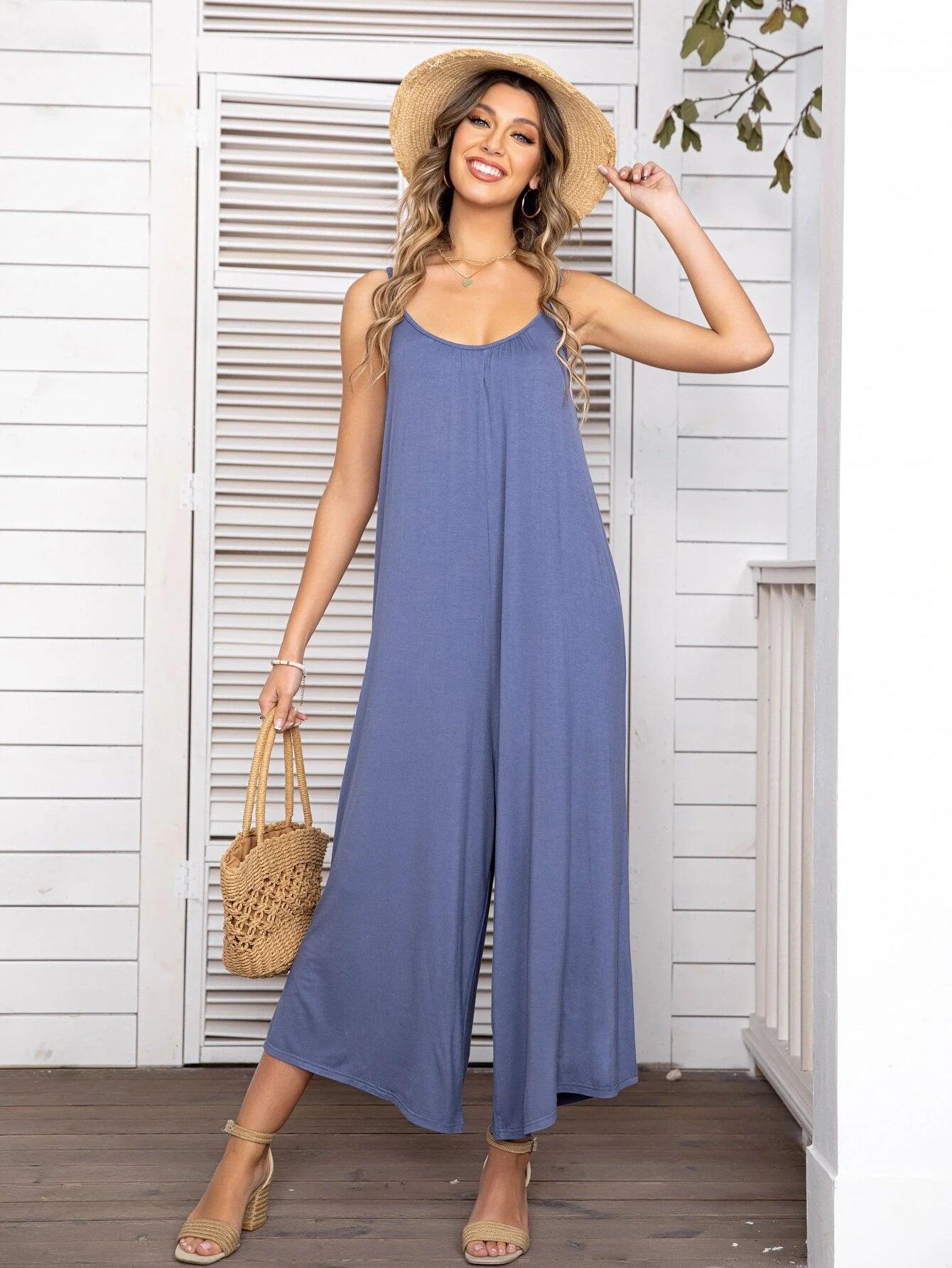 Solid Wide Leg Cami Jumpsuit-Comfy Jumpsuits