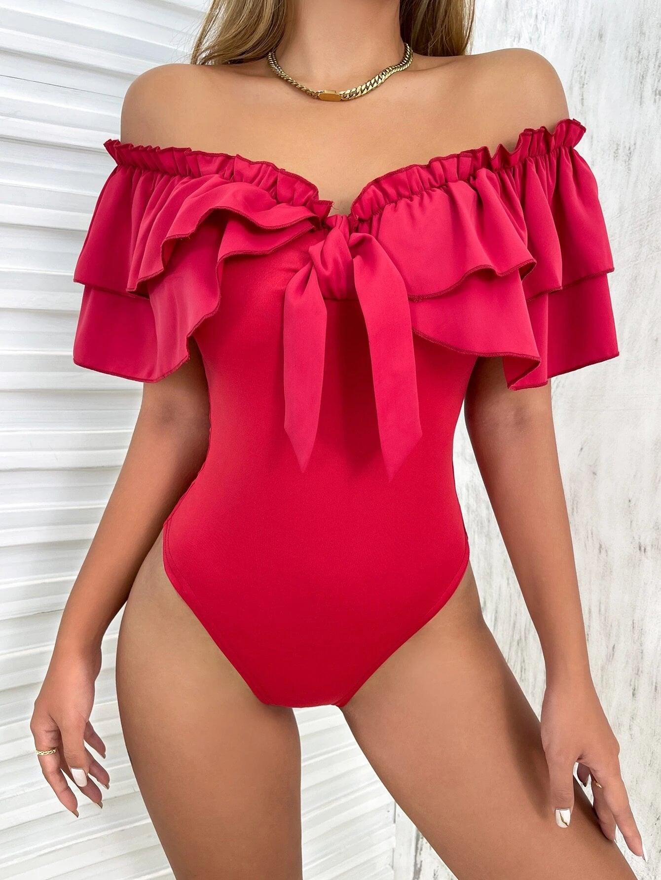 Off Shoulder Ruffle Trim Knot Front Bodysuit-Comfy Jumpsuits