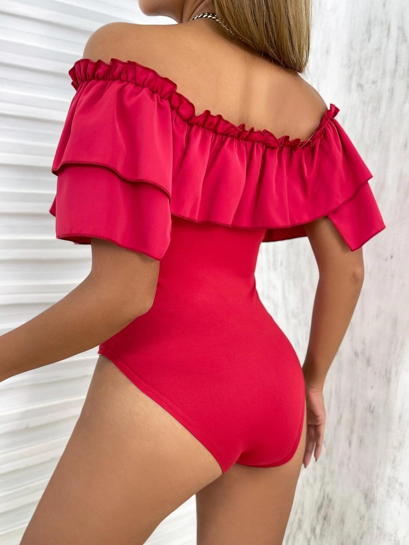Off Shoulder Ruffle Trim Knot Front Bodysuit-Comfy Jumpsuits