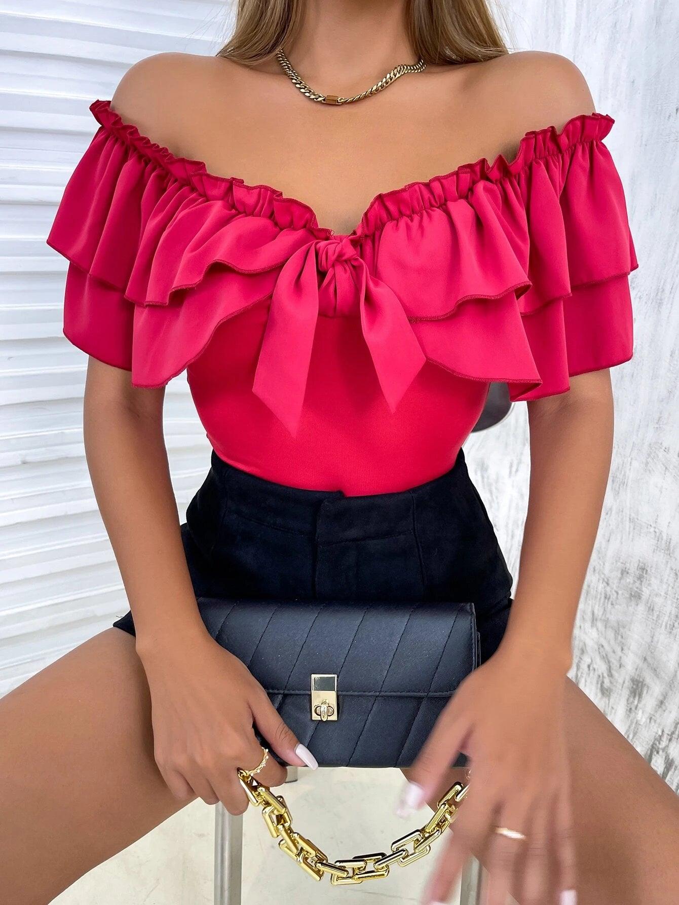 Off Shoulder Ruffle Trim Knot Front Bodysuit-Comfy Jumpsuits