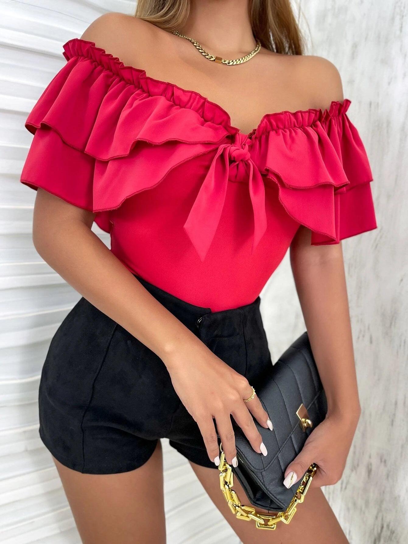 Off Shoulder Ruffle Trim Knot Front Bodysuit-Comfy Jumpsuits