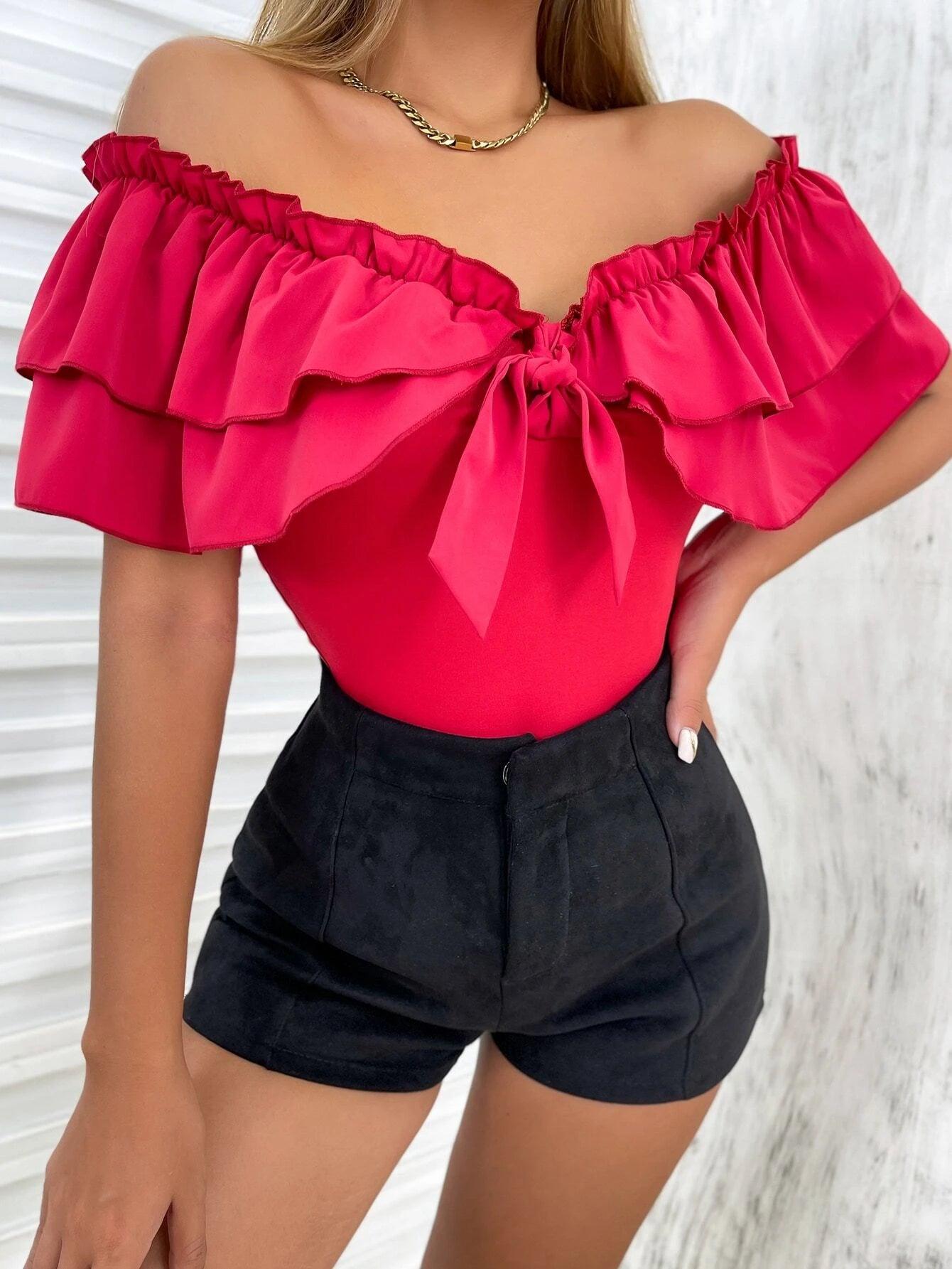 Off Shoulder Ruffle Trim Knot Front Bodysuit-Comfy Jumpsuits