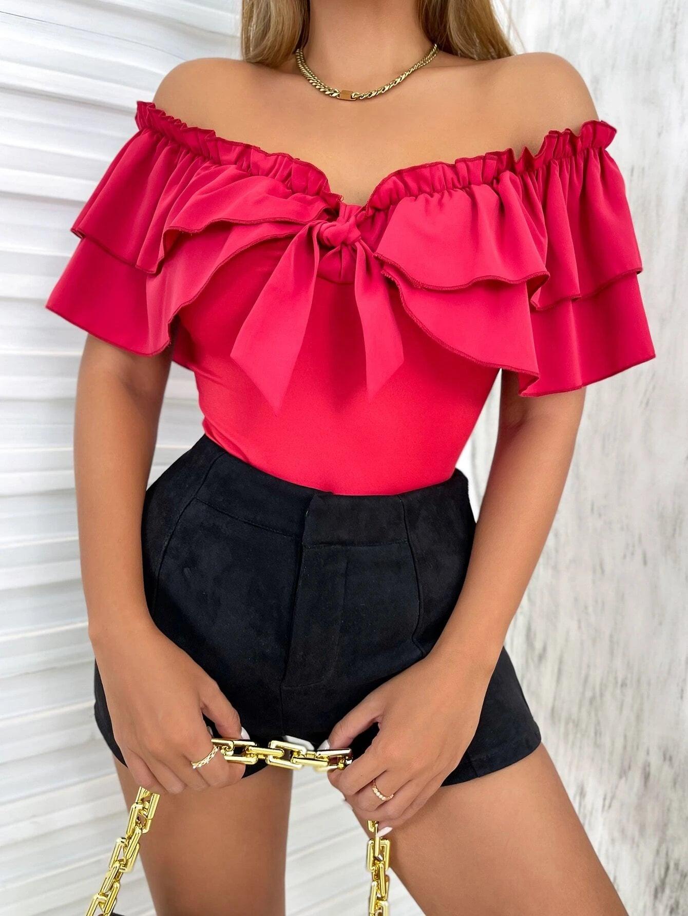 Off Shoulder Ruffle Trim Knot Front Bodysuit-Comfy Jumpsuits