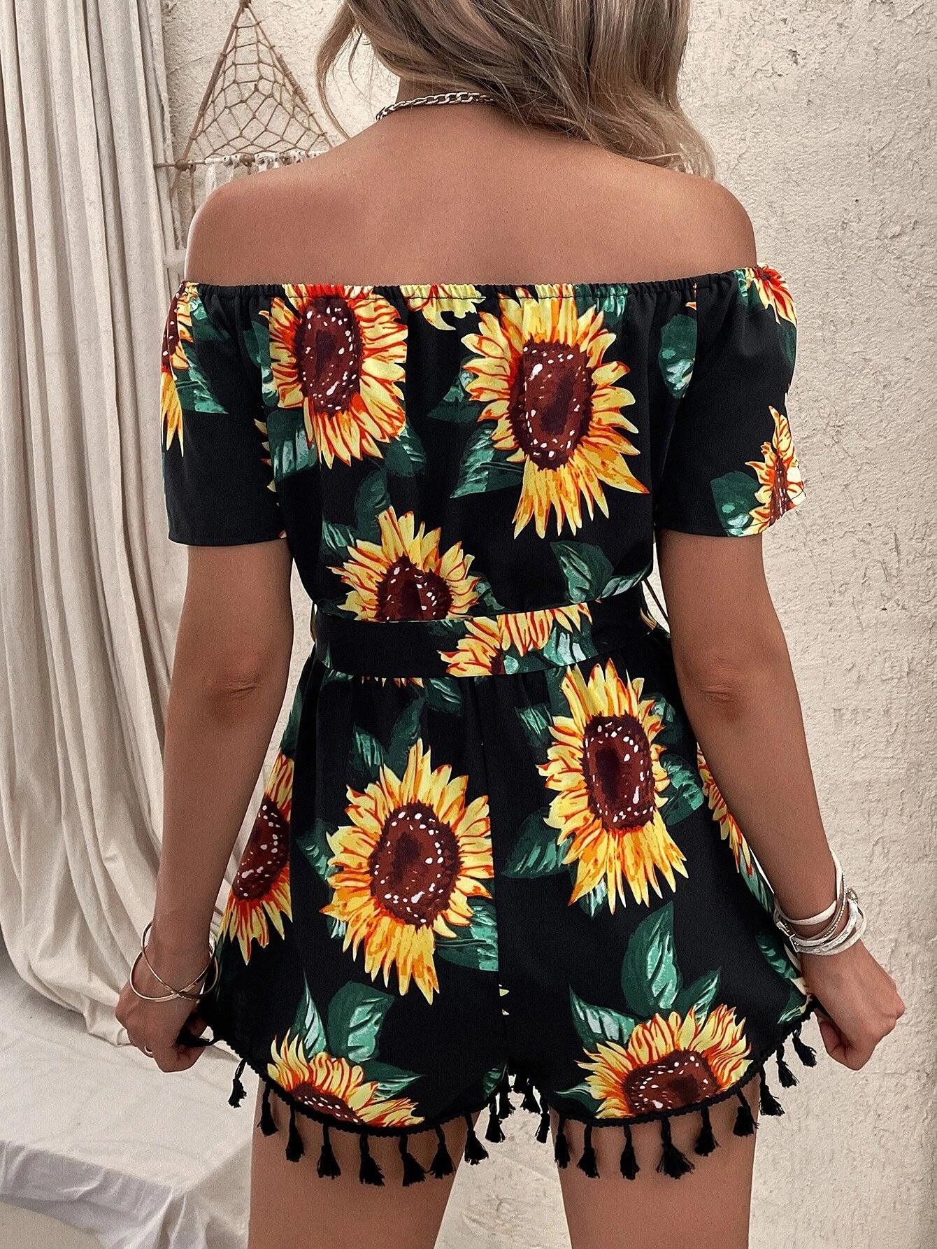 Sunflower Print Off Shoulder Belted Romper-Comfy Jumpsuits