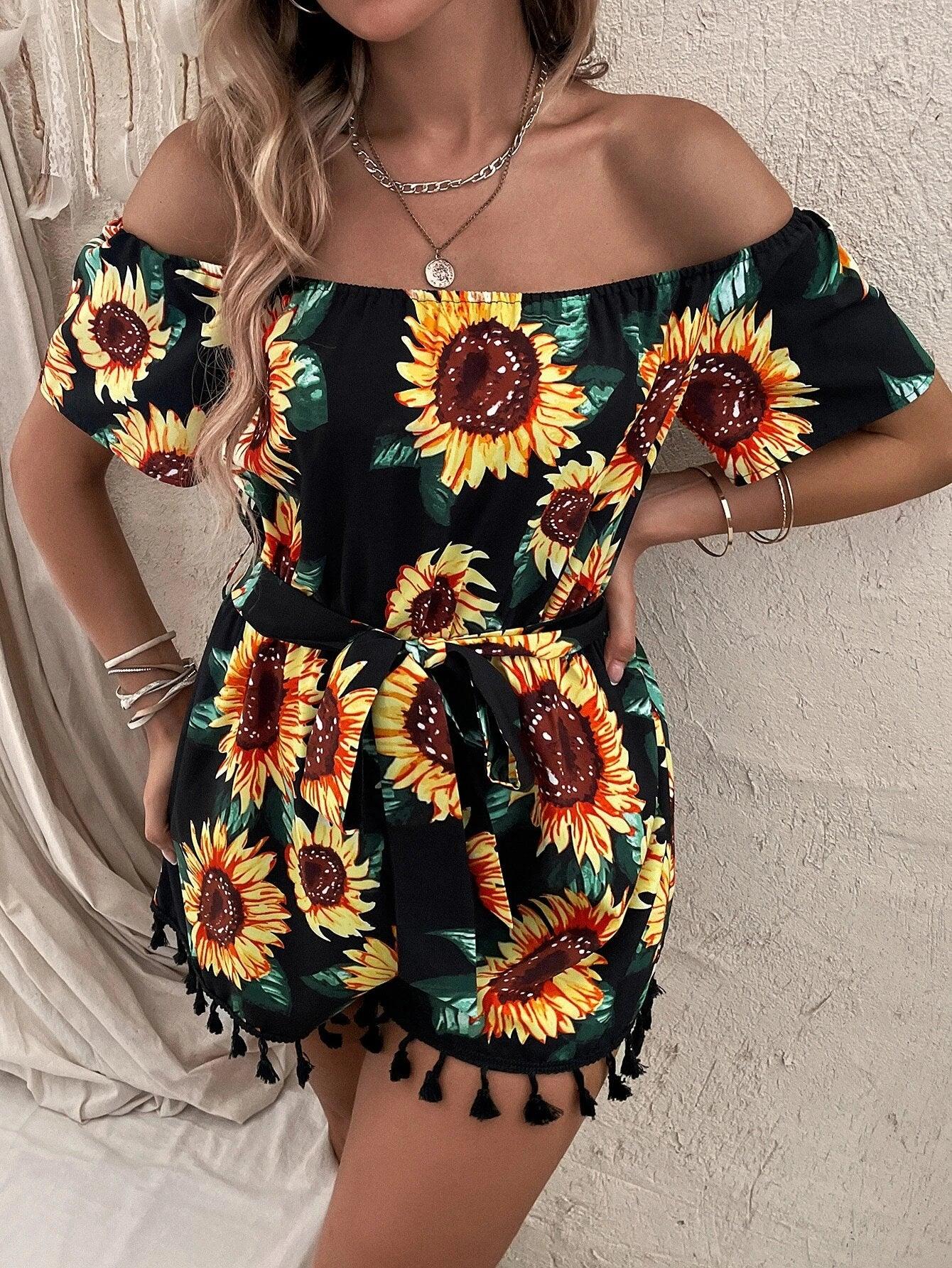 Sunflower Print Off Shoulder Belted Romper-Comfy Jumpsuits