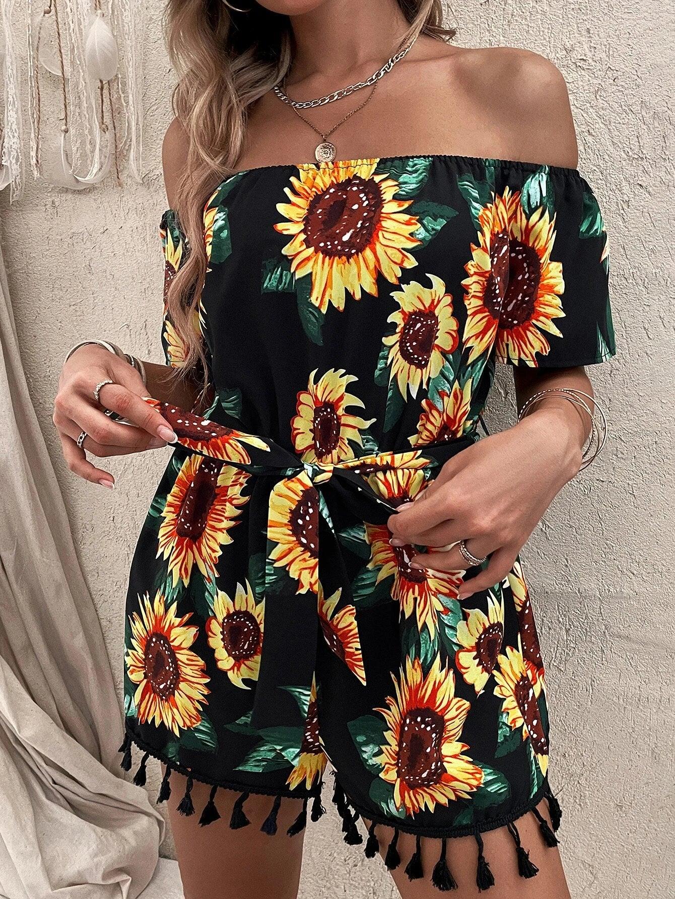 Sunflower Print Off Shoulder Belted Romper-Comfy Jumpsuits