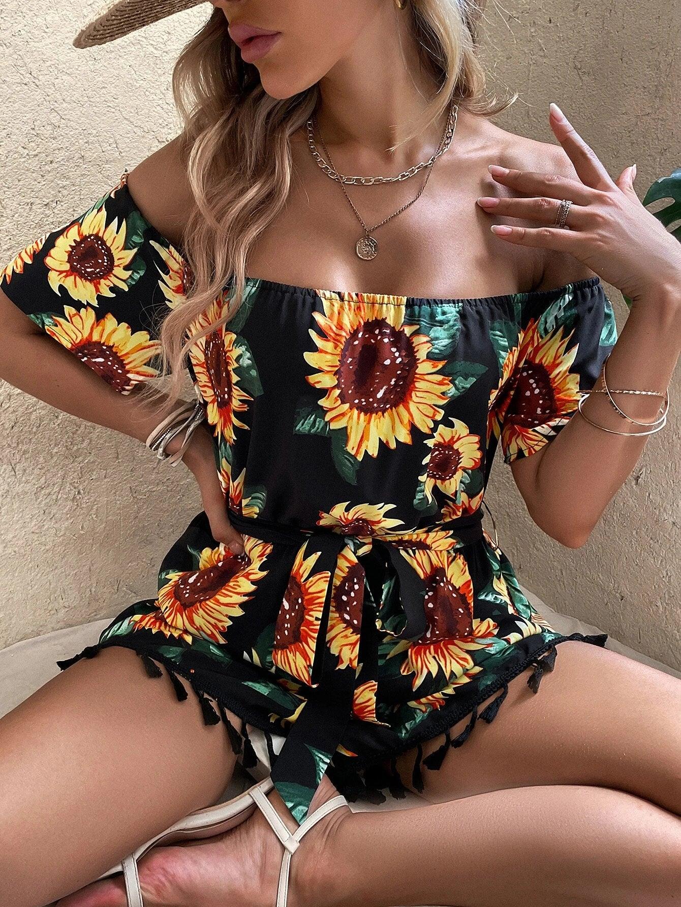 Sunflower Print Off Shoulder Belted Romper-Comfy Jumpsuits