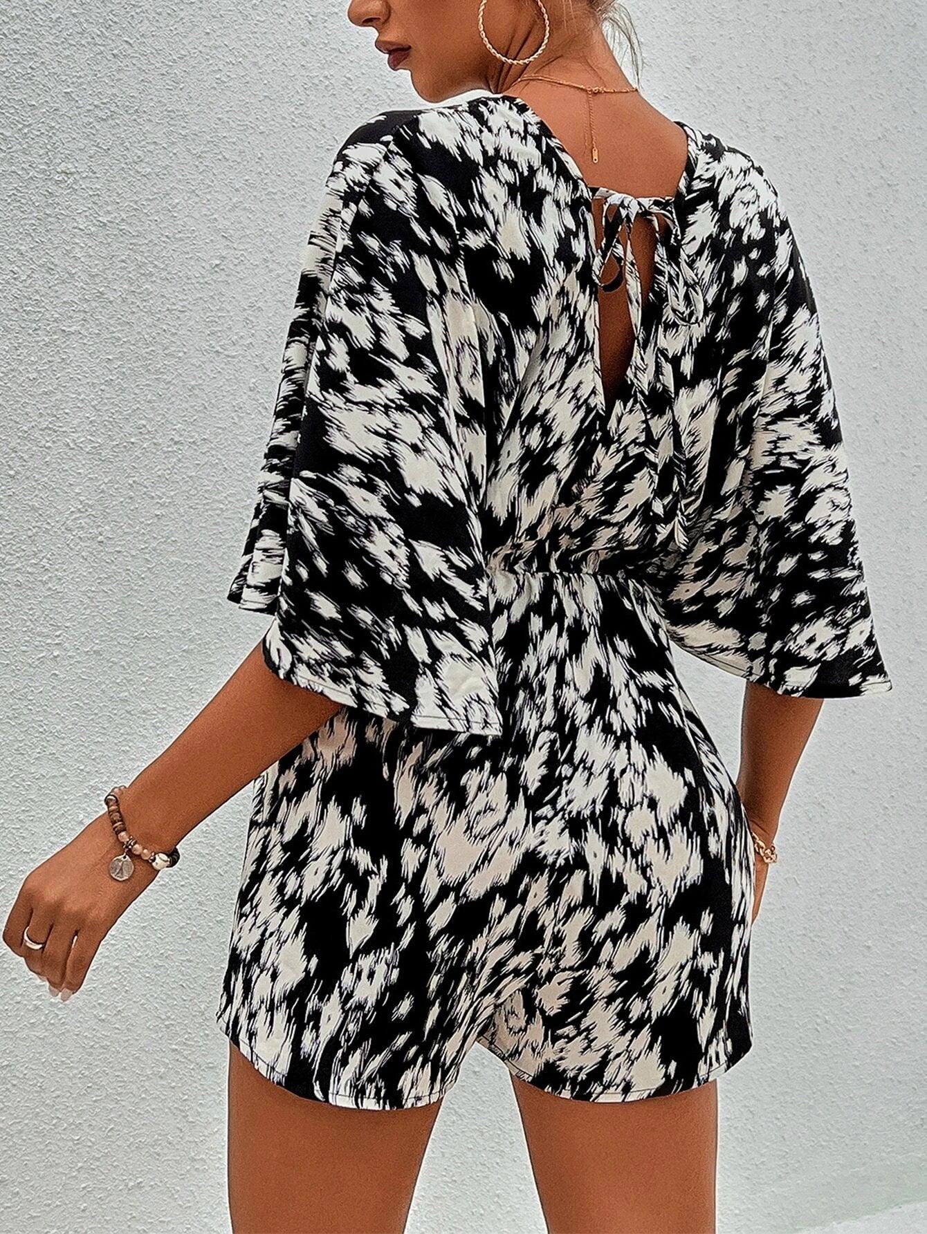 Allover Print Tie Back Flutter Sleeve Romper-Comfy Jumpsuits