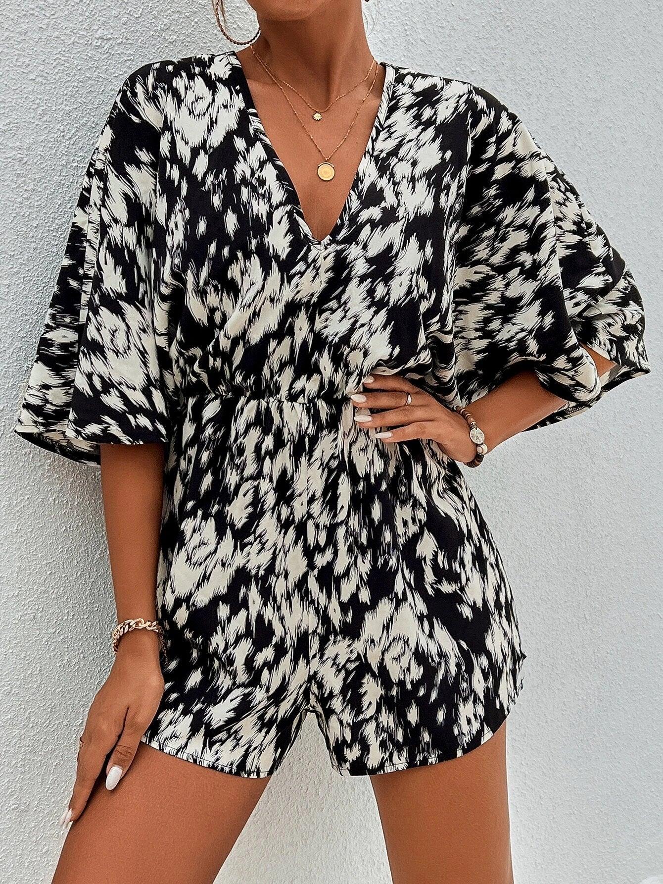 Allover Print Tie Back Flutter Sleeve Romper-Comfy Jumpsuits