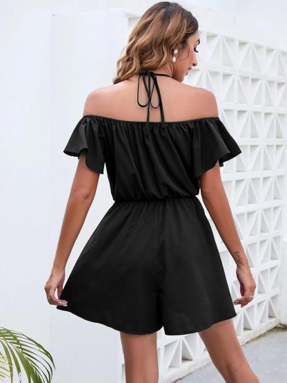 Halter Neck Flutter Sleeve Romper-Comfy Jumpsuits