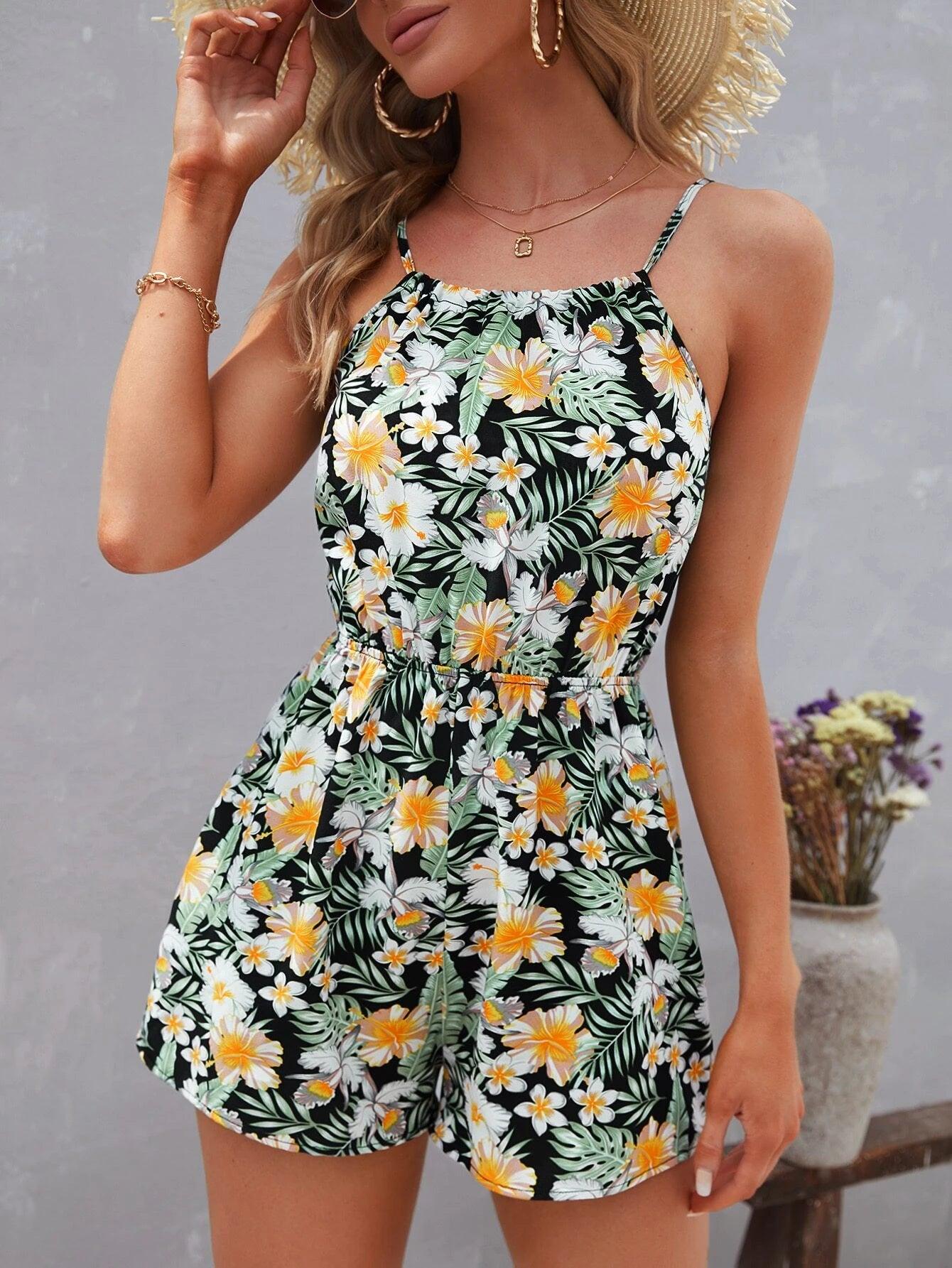 Tropical Print Cami Romper-Comfy Jumpsuits