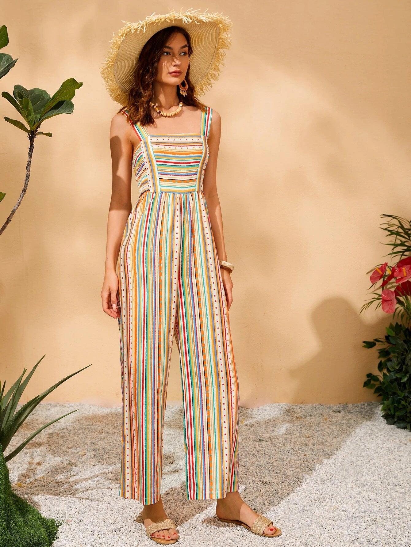 Striped & Polka Dot Shirred Cami Wide Leg Jumpsuit-Comfy Jumpsuits