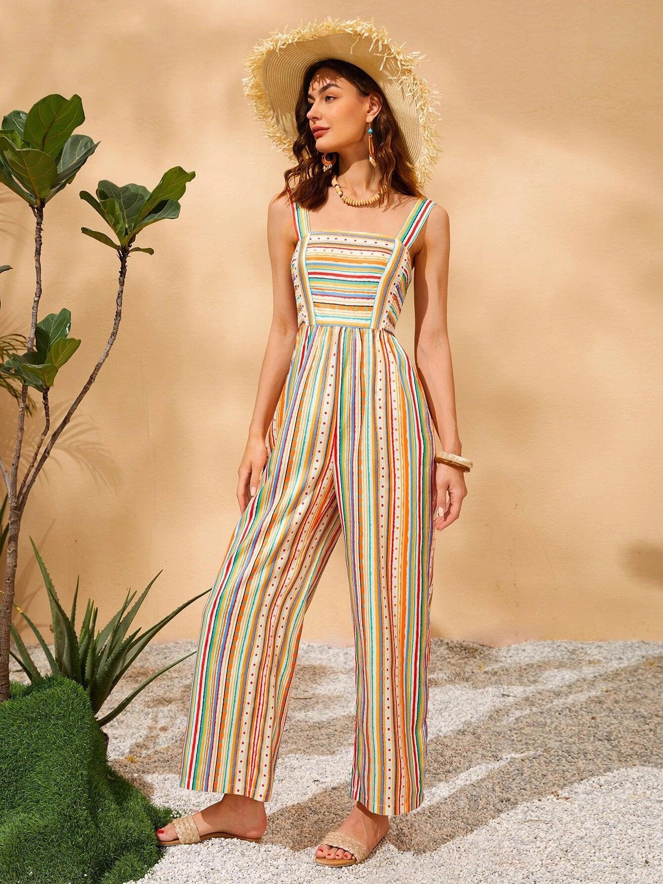 Striped & Polka Dot Shirred Cami Wide Leg Jumpsuit-Comfy Jumpsuits