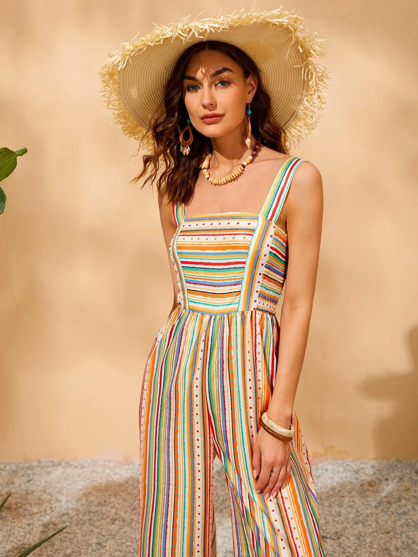 Striped & Polka Dot Shirred Cami Wide Leg Jumpsuit-Comfy Jumpsuits