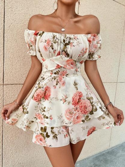 Floral Print Off Shoulder Puff Sleeved Dress-Comfy Jumpsuits
