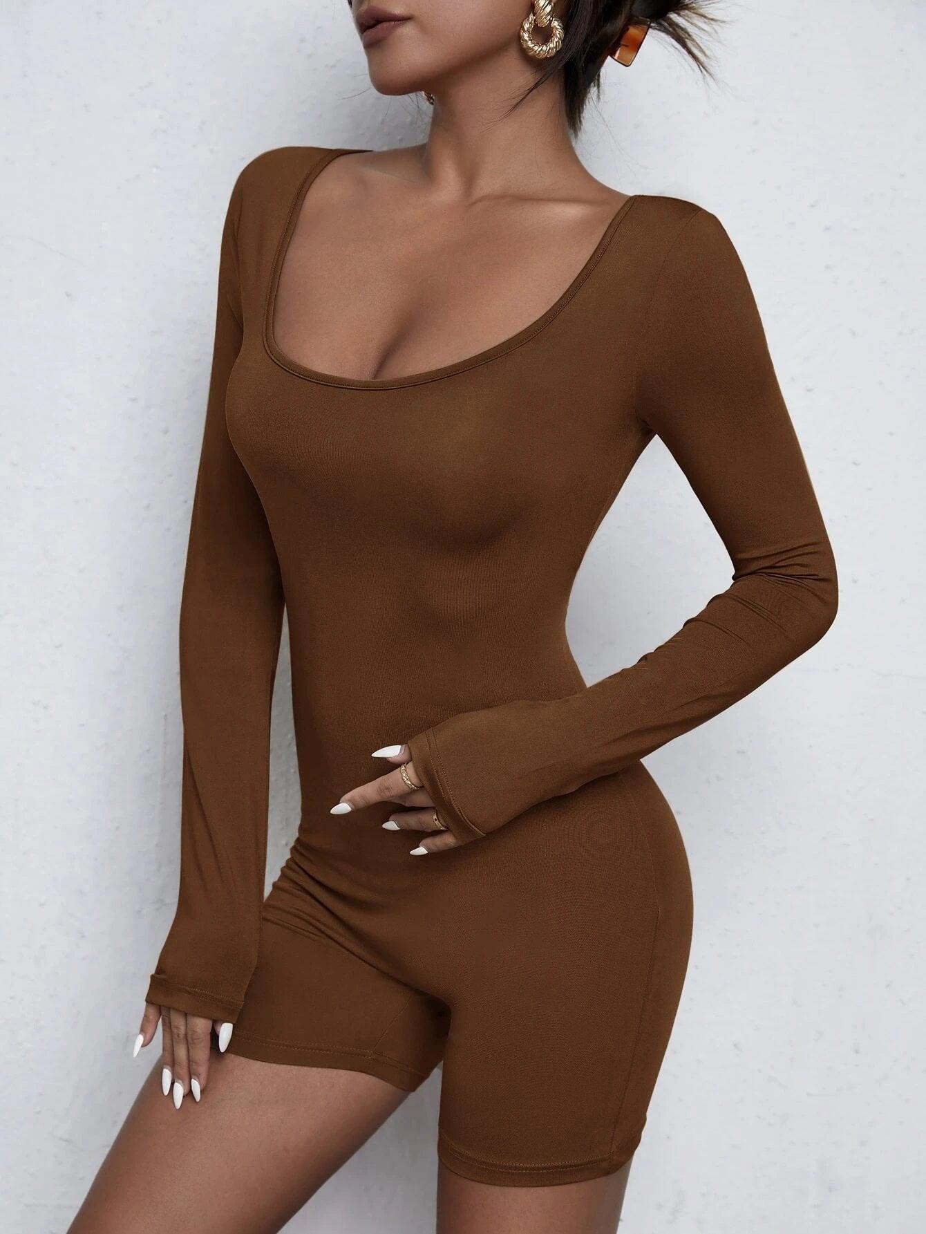 Solid Colored Scoop Neck Unitard Romper-Comfy Jumpsuits