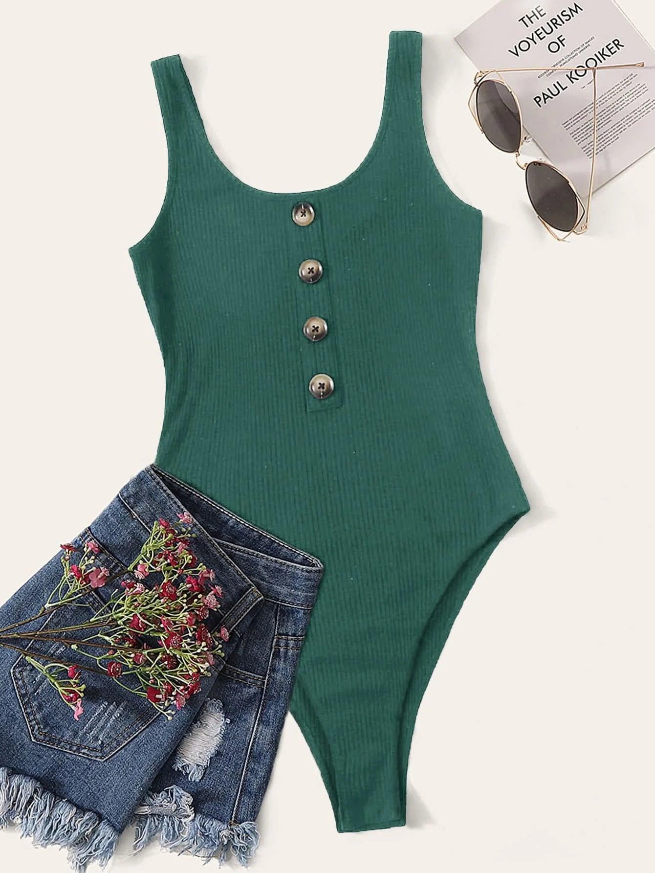 Button Front Tank Bodysuit-Comfy Jumpsuits