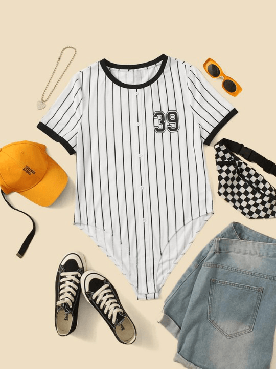 Printed Striped Trim Bodysuit-Comfy Jumpsuits