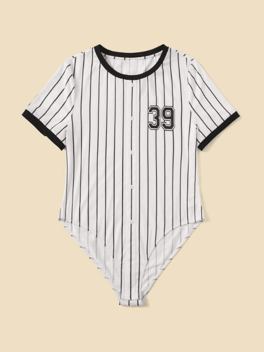 Printed Striped Trim Bodysuit-Comfy Jumpsuits