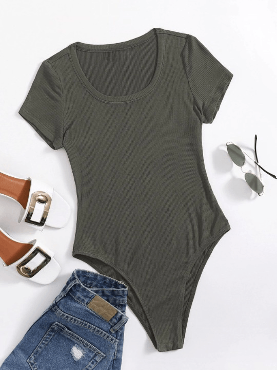 Neck Rib-Knit Bodysuit-Comfy Jumpsuits