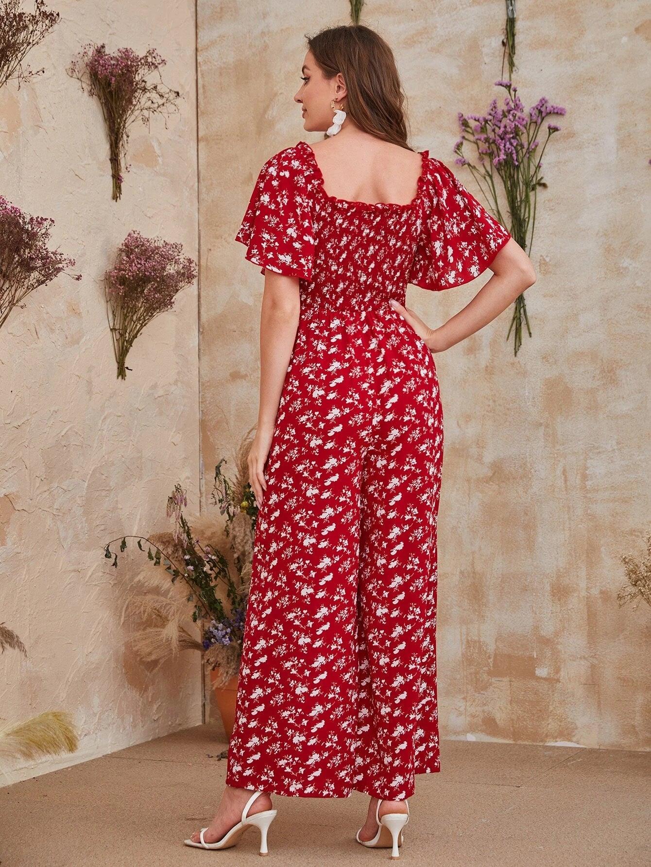 Printed Floral Short Sleeve Jumpsuit-Comfy Jumpsuits